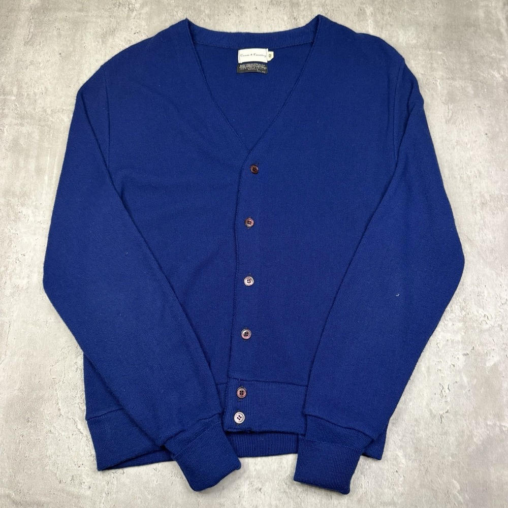 Vintage 70s/80s Men's Town And Country Acrylic Cardigan Blue Knit Medium USA